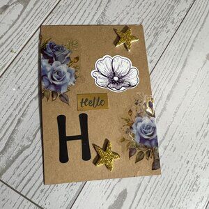 Original ACEO Art Card Handmade Collage "H" Blue Roses Stars "Hello"